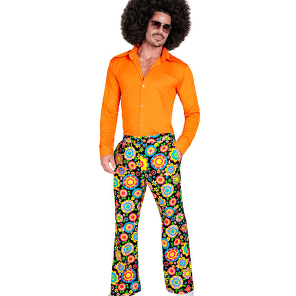 Jaren 70 bloemen broek heren detail - kleurrijke hippie discobroek sixties
