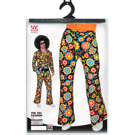 Jaren 70 broek bloemenfeest achterkant - kleurrijke hippie discobroek heren