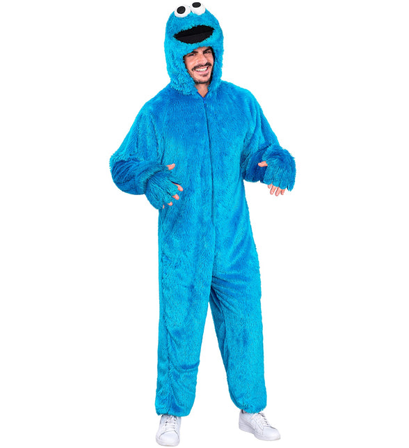 Blauwe monster jumpsuit heren met capuchon, wiebelogen en pootvormige handdelen