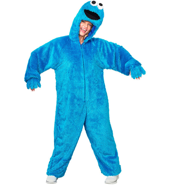 Snoep monster jumpsuit dames blauw, eendelig pluizig pak met rits aan de voorkant