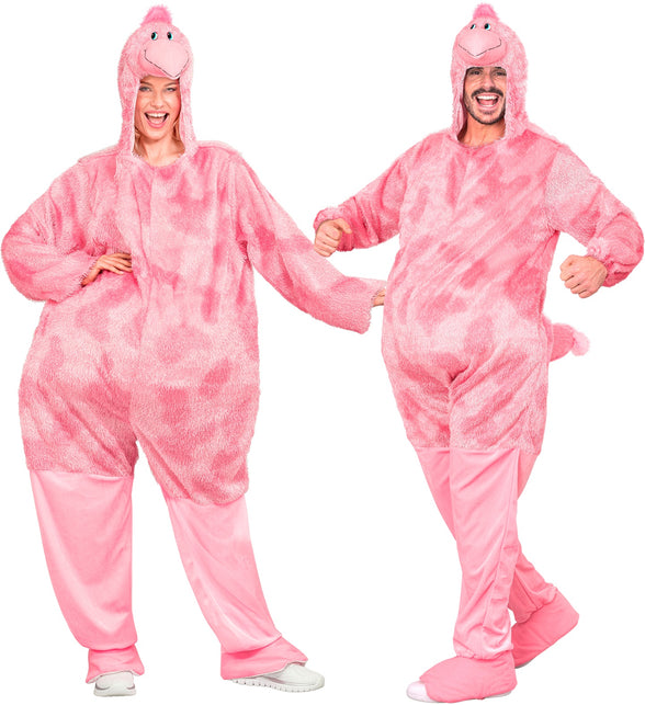 Flamingo jumpsuit roze gedragen door dame en heer, met flamingocapuchon en masker