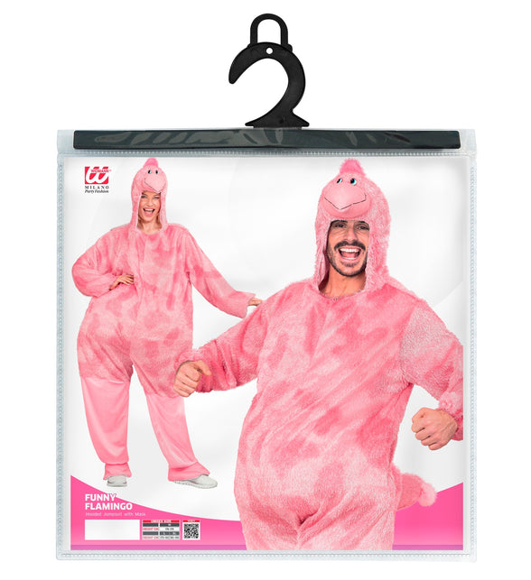 Verpakking flamingo jumpsuit Widmann met capuchon en masker, maten M tot XL
