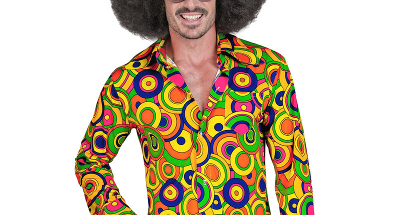 Jaren 70 shirt groovy cirkels heren - geel hippie discoshirt met cirkelprint
