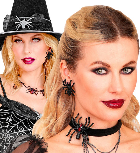 Spinnen oorbellen zwart gedragen bij een heksenlook voor Halloween