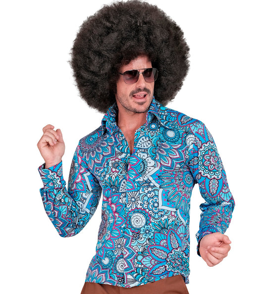 Jaren 70 shirt mandala blauw heren - blauw hippie discoshirt met mandalaprint