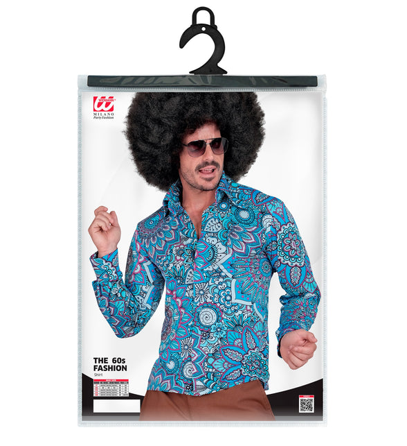 Jaren 70 mandala shirt blauw heren achterkant - blauw hippie discoshirt retro