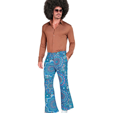 Jaren 70 mandala broek blauw detail - hippie discobroek heren seventies