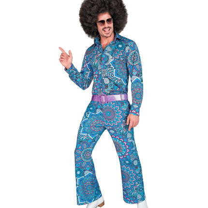 Mandala jaren 70 broek heren gedragen - blauwe flower power discobroek retro