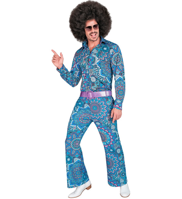 Mandala jaren 70 broek heren gedragen - blauwe flower power discobroek retro