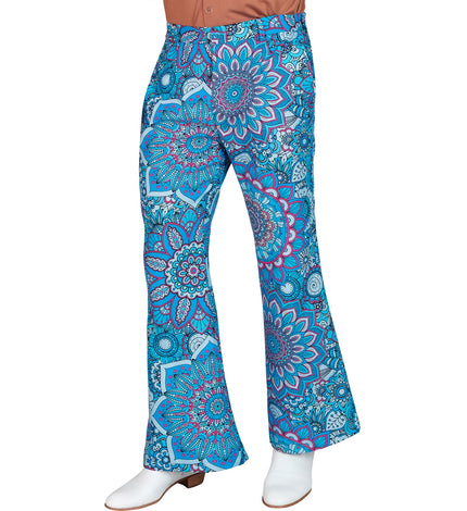 Jaren 70 broek mandala blauw heren - blauwe hippie discobroek met mandalaprint