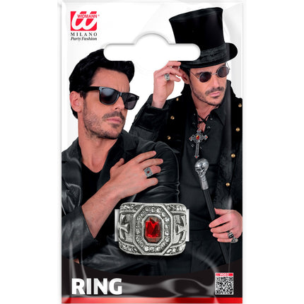 Ring strass en edelsteen rood voor heren zijaanzicht – sieraden