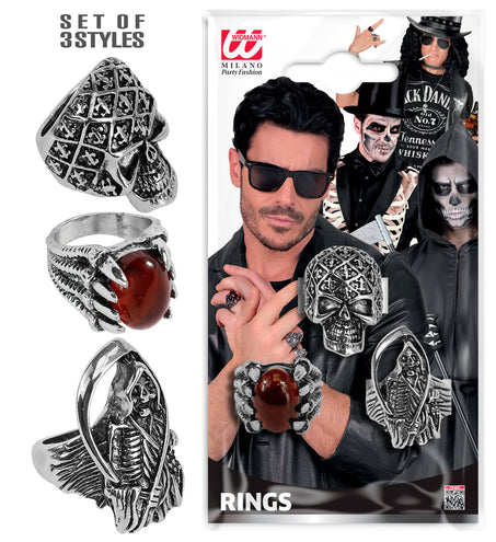 Ringen Halloween heren zilverkleurig, set van 3 stijlen met doodskop, klauw en zeis in verpakking