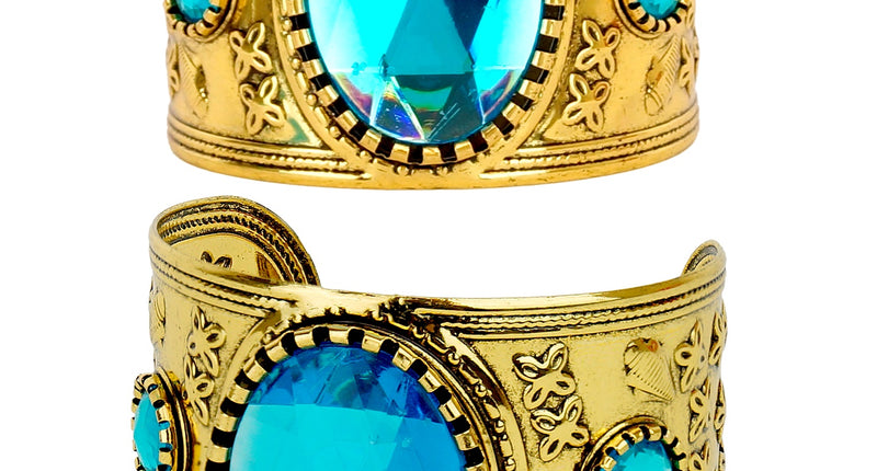 Armband goud met edelsteen topaas, brede manchet met grote turquoise steen en bloemreliëf