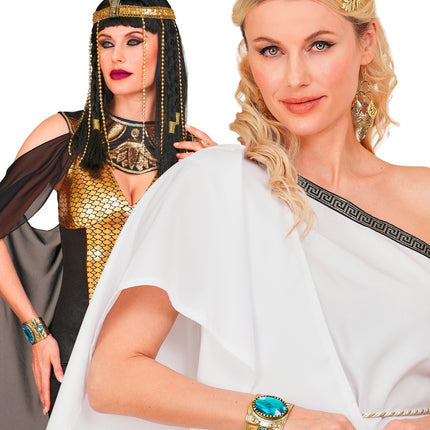Armband goud met topaas gedragen bij witte toga en Egyptische jurk voor een themafeest