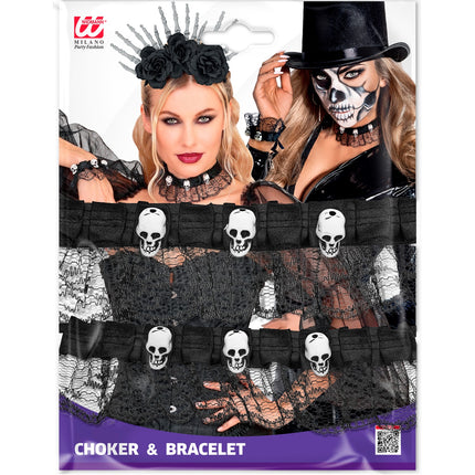 Choker en armband schedels kant voor dames zijaanzicht – verkleedsets