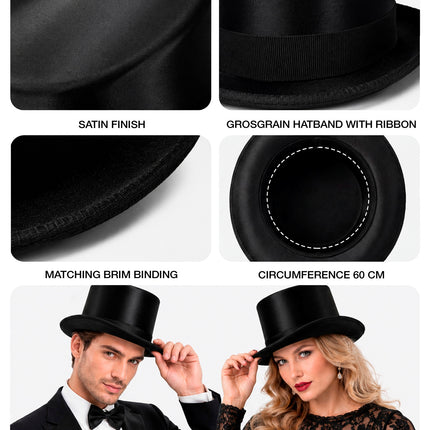 Hoge hoed zwart satijn close-up – verkleedkleding