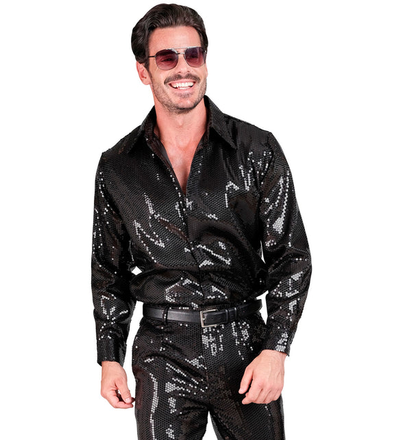 Pailletten discoshirt zwart heren - glitter shirt foute party rock and roll