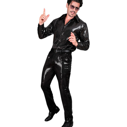Zwarte paillettenbroek Frank heren gedragen - glinsterende discobroek glitter