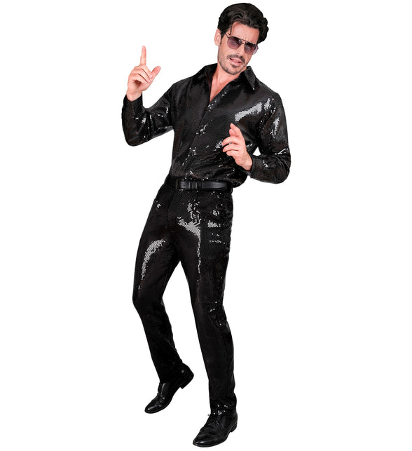 Zwarte paillettenbroek Frank heren gedragen - glinsterende discobroek glitter