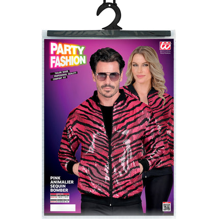 Roze gestreepte pailletten bomberjack achterkant - zebra glitterjas foute party