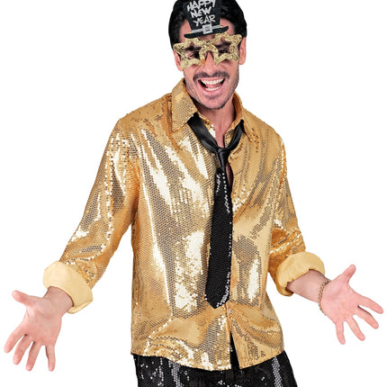 Gouden paillettenshirt Ard heren detail - glinsterend discoshirt glitter