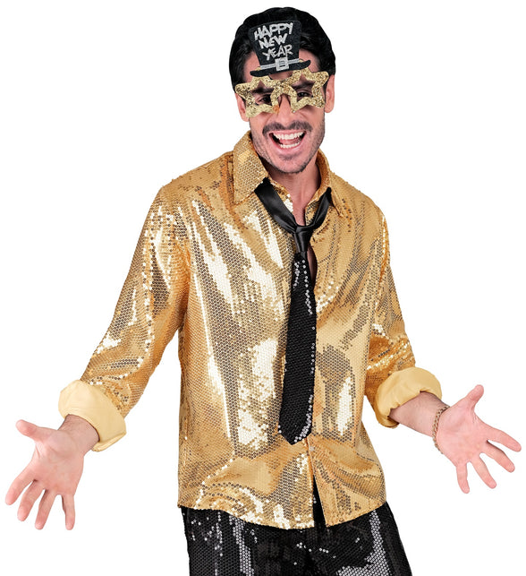 Gouden paillettenshirt Ard heren detail - glinsterend discoshirt glitter