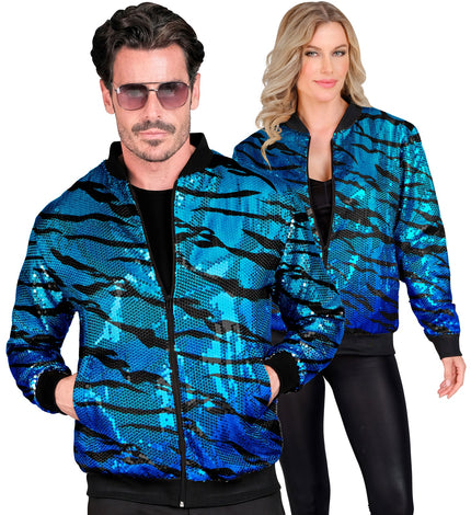 Bomberjack ocean blauw - blauwe glitter pailletten bomberjas unisex disco