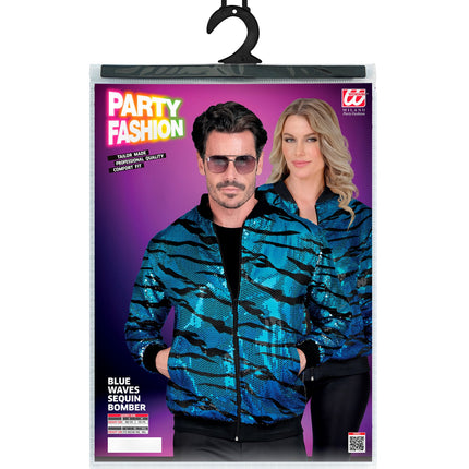 Ocean blauw pailletten bomberjack achterkant - blauwe glitterjas foute party
