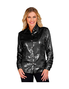Paillettenshirt dames Aike zwart - zwart glitter discoshirt met pailletten