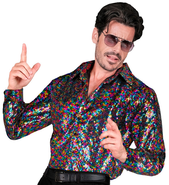 Paillettenshirt heren Marco meerkleurig - kleurrijk glitter discoshirt pailletten gedragen