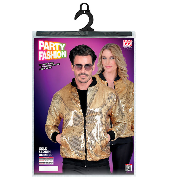 Gouden pailletten bomberjack achterkant - glitter jas foute party