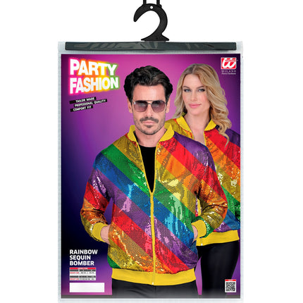 Regenboog pailletten bomberjas achterkant - glitter jack pride foute party