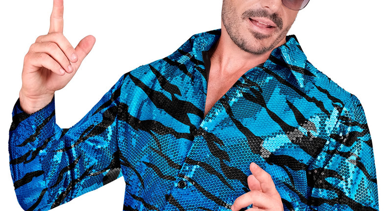 Paillettenshirt blauwe golven heren - glitter discoshirt met blauwe pailletten gedragen