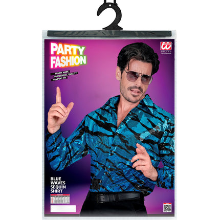 Paillettenshirt blauwe golven heren achterkant - glitter discoshirt disco