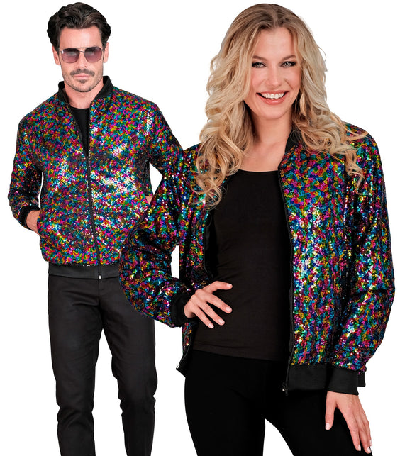 Pailletten bomberjas dames meerkleurig - kleurrijke glitter bomberjack disco
