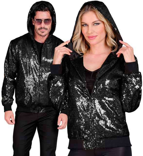Pailletten bomberjas met kap zwart - zwarte glitter bomberjack met capuchon disco