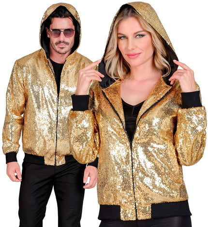 Pailletten bomberjas met kap goud - gouden glitter bomberjack met capuchon disco