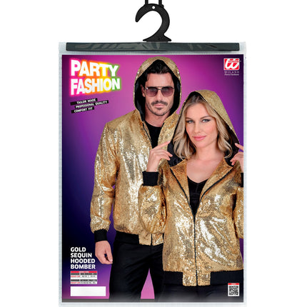 Pailletten bomberjas met kap goud achterkant - gouden glitter capuchonjas disco