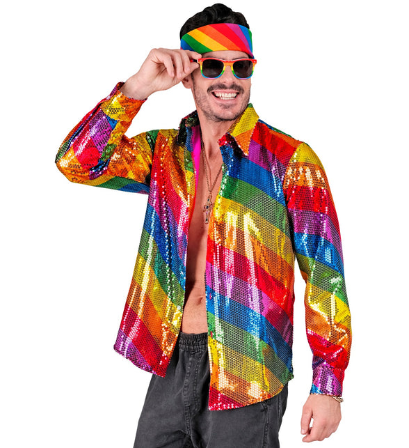 Regenboog paillettenshirt heren detail - kleurrijk discoshirt glitter pride
