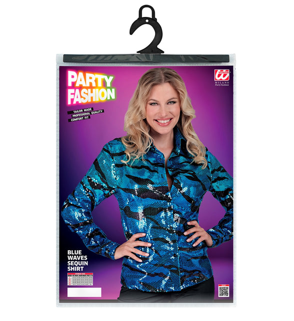 Paillettenshirt blauwe golven achterkant - glitter discoshirt dames disco