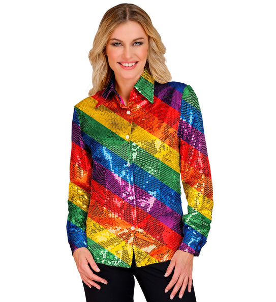 Paillettenshirt dames Lisa regenboog - regenboog glitter discoshirt met pailletten