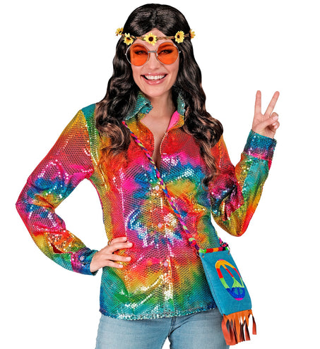 Tie dye paillettenshirt dames detail - regenboog glitter discoshirt reggae