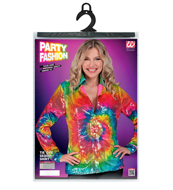 Paillettenshirt tie dye dames achterkant - kleurrijk glitter discoshirt disco