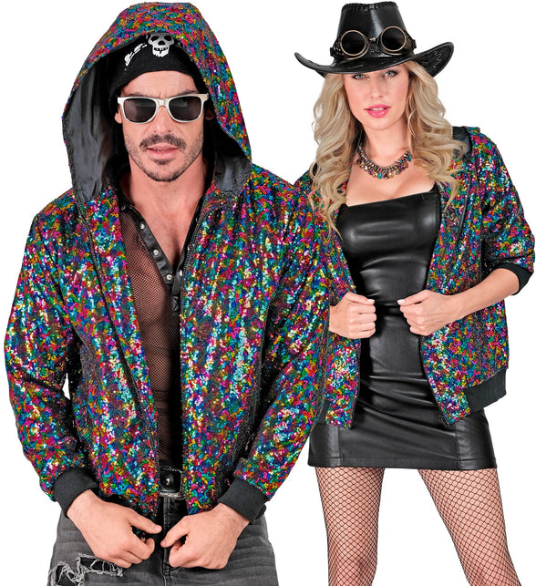 Regenboog pailletten bomberjas met kap - glitter jack unisex carnaval disco