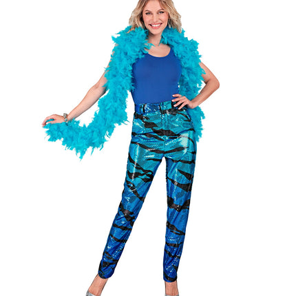 Blauwe golven paillettenbroek Mara dames detail - glinsterende discobroek glitter