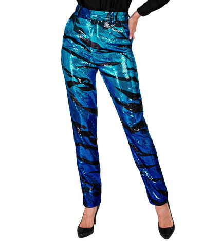 Paillettenbroek Mara blauwe golven - blauwe glitterbroek met pailletten voor disco