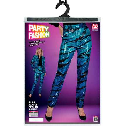 Paillettenbroek Mara blauwe golven achterkant - blauwe glitterbroek dames disco