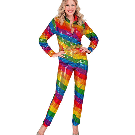 Paillettenbroek regenboog dames - glinsterende disco glitterbroek foute party