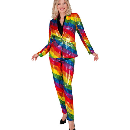 Regenboog paillettenbroek Mara dames - kleurrijke glitter discobroek