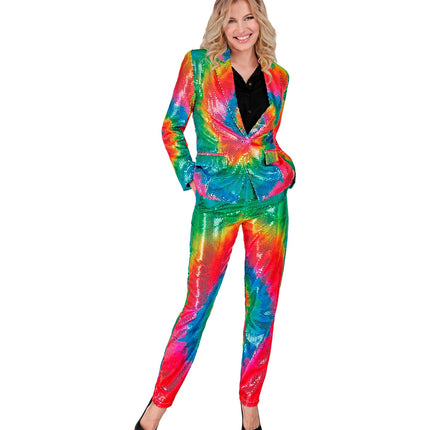 Tie dye paillettenbroek Mara dames - regenboog glitter discobroek foute party